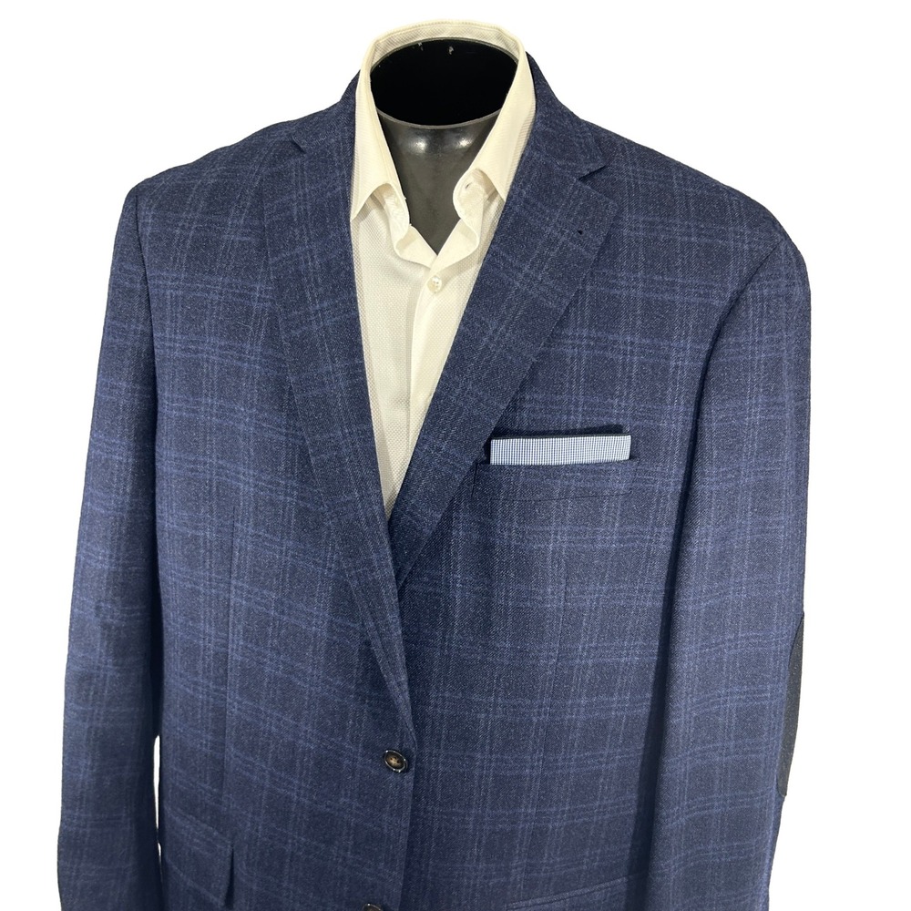 Cremieux Sport Coat XXL ~52 Blue Plaid Wool Elbow Patch Unstructured Double Vent